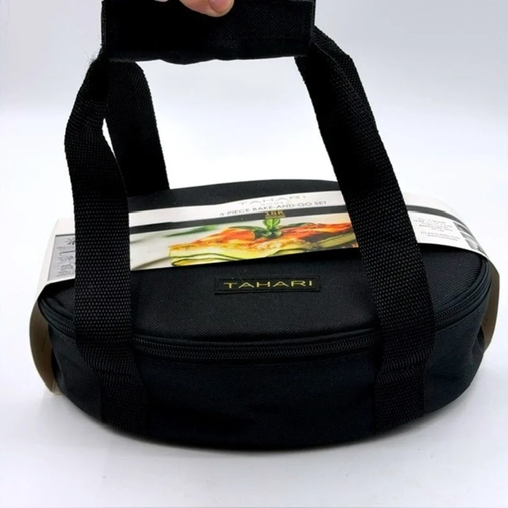 Tahari Home 3-Piece Bake-And-Go Set 1.7Qt Oval Glass Baker Insulated Tote Black